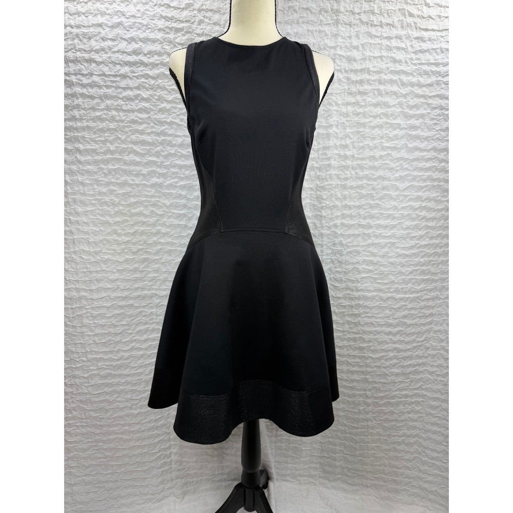 Ted Baker London Black Fit and Flare Dress Metallic Trim Exposed Gold Zip Size 2